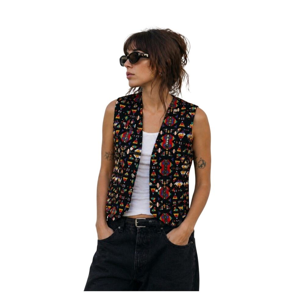 Vintage Indie Geometric Print Vest Black Cotton Lined Size Large 90s Fashion